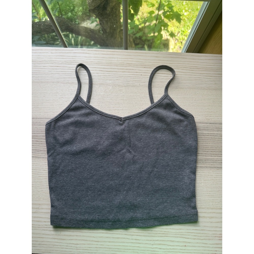 SHEIN Charcoal Grey Ribbed Knit V-Neck Cami Crop Top XS Spaghetti Strap Tank